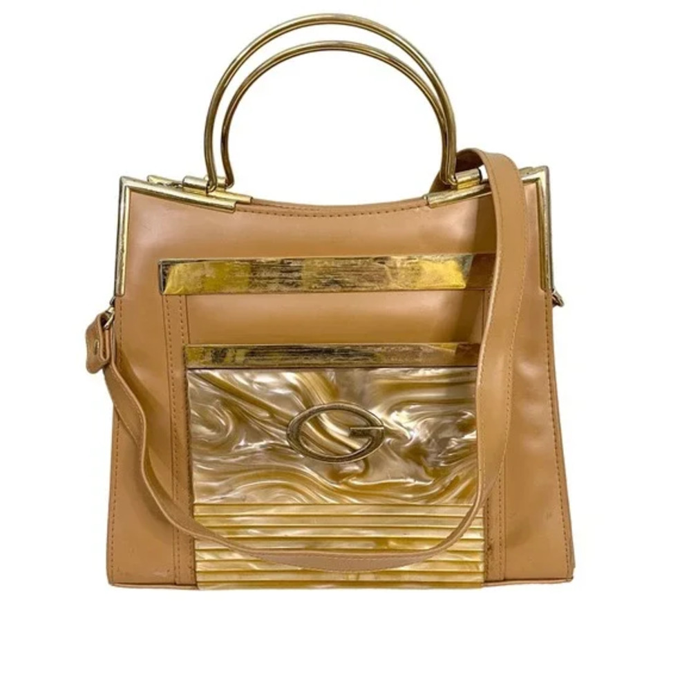 Vintage Shoulder Crossbody Bag Handbag Tan Faux Leather Gold Top Handle Retro